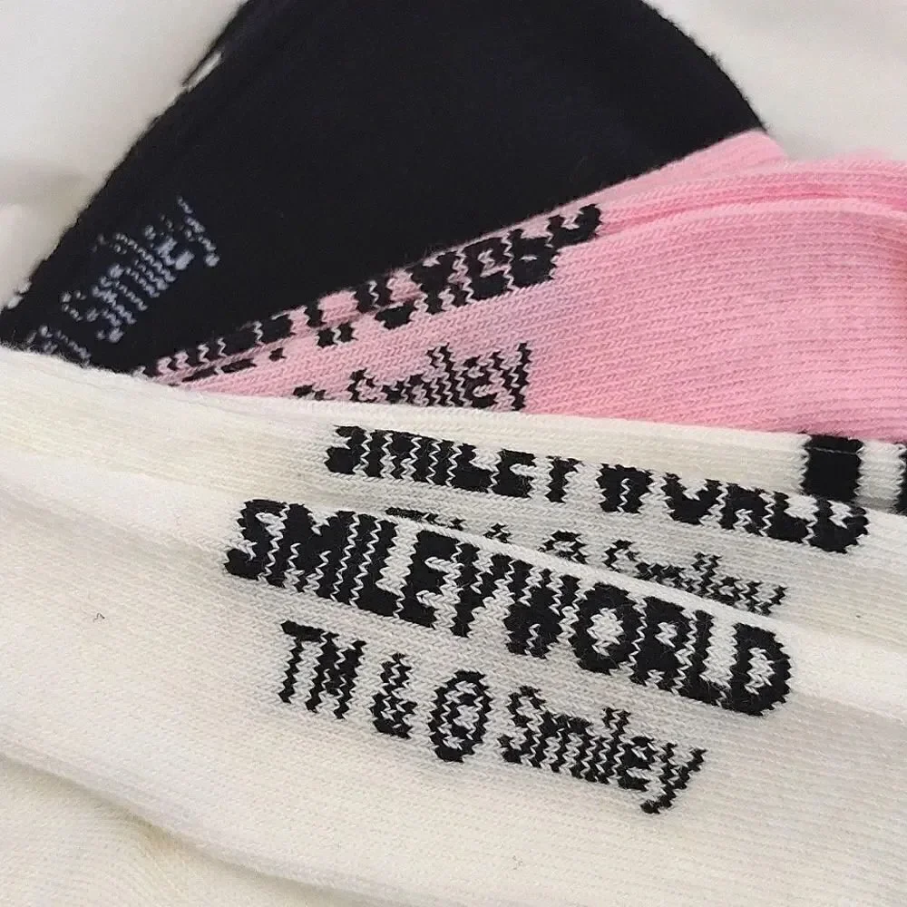 $9💥 Smiley World 3 Pairs Girl's Crew Socks NWOT Pink White Black Girly Floral